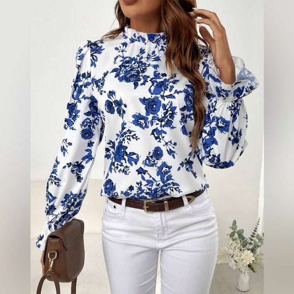SHEIN Tops - Floral Print Flouncy Sleeve High Ruffle Neckline Pearl Button Keyhole Detail
